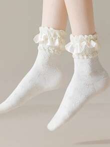 1双女士缎带饰边洛丽塔风格中筒袜，带蝴蝶结，可爱日系女学生过膝袜，圣诞礼物 - 白色 - 查看 7