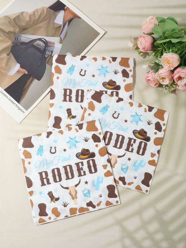 48pcs 13" X 13" Theme Disposable Napkins, Pink/Blue Western Cowboy Pattern, Suitable For Various Themed Parties And Daily Use