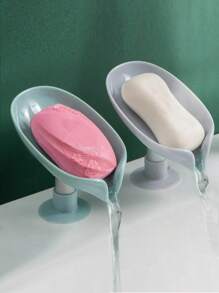 2 piezas Plato de jabón con forma de hoja con salida de drenaje, recipiente de jabón con ventosa en la parte inferior, soporte de jabón autoadhesivo de plástico con drenaje, bandeja de jabón, artículos de almacenamiento y organización para el baño, accesorios de baño, estante de almacenamiento de jabón multiusos, estante de almacenamiento, accesorios de baño (gris, verde)