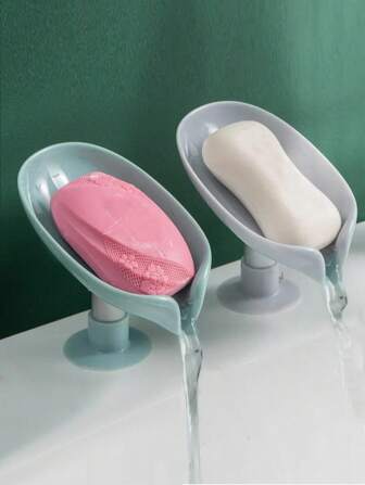 2 件带排水口的叶形肥皂盒、底部带吸盘的肥皂盒、塑料排水自粘式肥皂架、厨房和浴室用肥皂架托盘工具、肥皂盒、浴室存储和整理用品、浴室小工具、多用途肥皂储物架、储物架、浴室配件（灰色、绿色）