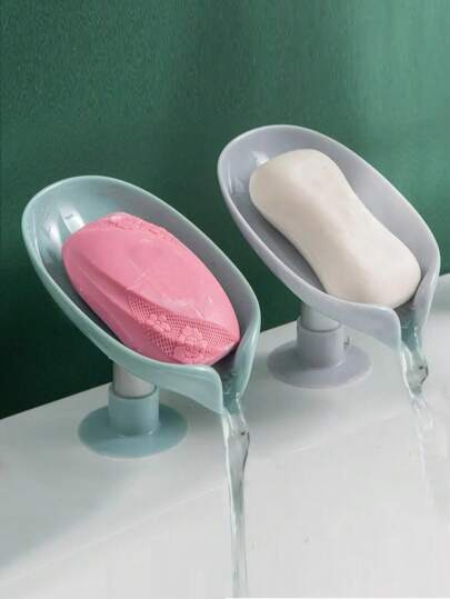 2 piezas Plato de jabón con forma de hoja con salida de drenaje, recipiente de jabón con ventosa en la parte inferior, soporte de jabón autoadhesivo de plástico con drenaje, bandeja de jabón, artículos de almacenamiento y organización para el baño, accesorios de baño, estante de almacenamiento de jabón multiusos, estante de almacenamiento, accesorios de baño (gris, verde)