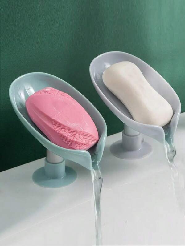 2 piezas Plato de jabón con forma de hoja con salida de drenaje, recipiente de jabón con ventosa en la parte inferior, soporte de jabón autoadhesivo de plástico con drenaje, bandeja de jabón, artículos de almacenamiento y organización para el baño, accesorios de baño, estante de almacenamiento de jabón multiusos, estante de almacenamiento, accesorios de baño (gris, verde)