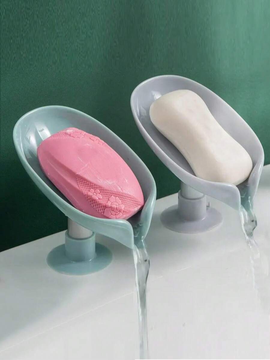 2 piezas Plato de jabón con forma de hoja con salida de drenaje, recipiente de jabón con ventosa en la parte inferior, soporte de jabón autoadhesivo de plástico con drenaje, bandeja de jabón, artículos de almacenamiento y organización para el baño, accesorios de baño, estante de almacenamiento de jabón multiusos, estante de almacenamiento, accesorios de baño (gris, verde)