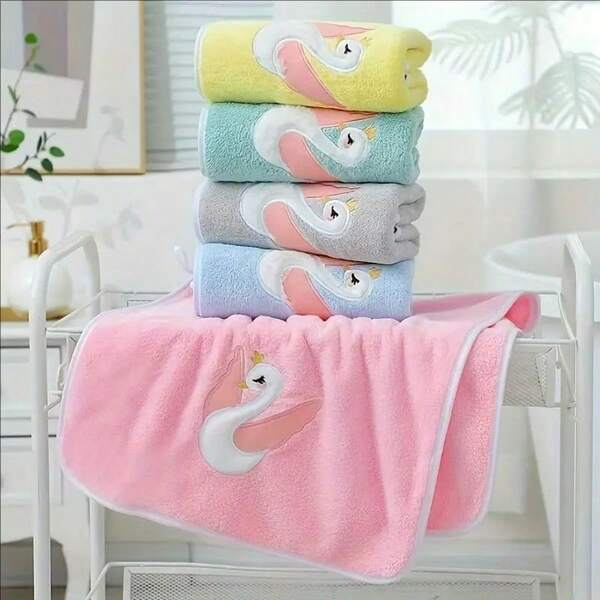Cute Cartoon Embroidered Swan Coral Fleece Bath Towels, Highly Absorbent And Quick Dry For Home Use, Face Towels