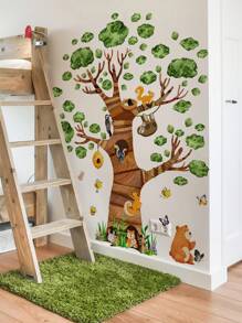 1set 2pcs/1set 3pcs Cartoon Big Tree Animal Wall Stickers, Children Room Decor