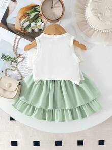 Conjunto de 2 piezas de top elegante blanco con decoración de lazo + falda negra tipo pastel para niña, ligero para verano - Verde - Ver 2
