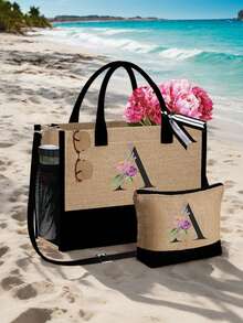 1set ,A Initial Flowers Pattern Tote Bag With Shoulder Straps&A Makeup Bag Initial Letters A-Z Set, Personalized Gift Bag With Side Pockets,Beach Bag With Scarf,Portable Leisure Storage Handbags, Multifunctional Shopping Bags, Travel Simple Storage Bag - Khaki - View 3