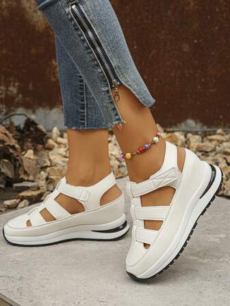 女士夏季厚底坡跟凉鞋，罗马凉鞋，新款时尚露趾镂空粗跟凉鞋，撞色休闲坡跟凉鞋，圆头舒适步行鞋，女士假日派对必备休闲鞋，白色透气坡跟凉鞋，时尚百搭厚底凉鞋，纯色女士必备凉鞋，厚底凉鞋