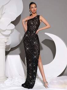 Modphy 奢华手工串珠、水钻、亮片不对称领口无袖露背网眼连衣裙，正式伴娘礼服，适合婚礼、晚会、婚礼宾客