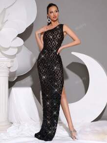 Modphy Vestido de malla asimétrico sin mangas y sin espalda, hecho a mano de lujo con cuentas, strass y lentejuelas, vestido de dama de honor formal para boda, fiesta de noche, para invitados de boda