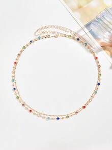 2pcs/Set Shiny Colorful Rhinestone Women Summer Beach Vacation Waist Chain, Handcrafted Gold-Tone Copper Material Lip Shaped Body Chain Jewelry, Suitable For Daily Outfit, Beach Travel, Date And Photo Shooting. The Rhinestone Color Arrangement Order Is Random Along The Handcrafted Chain. - Multicolor - View 3