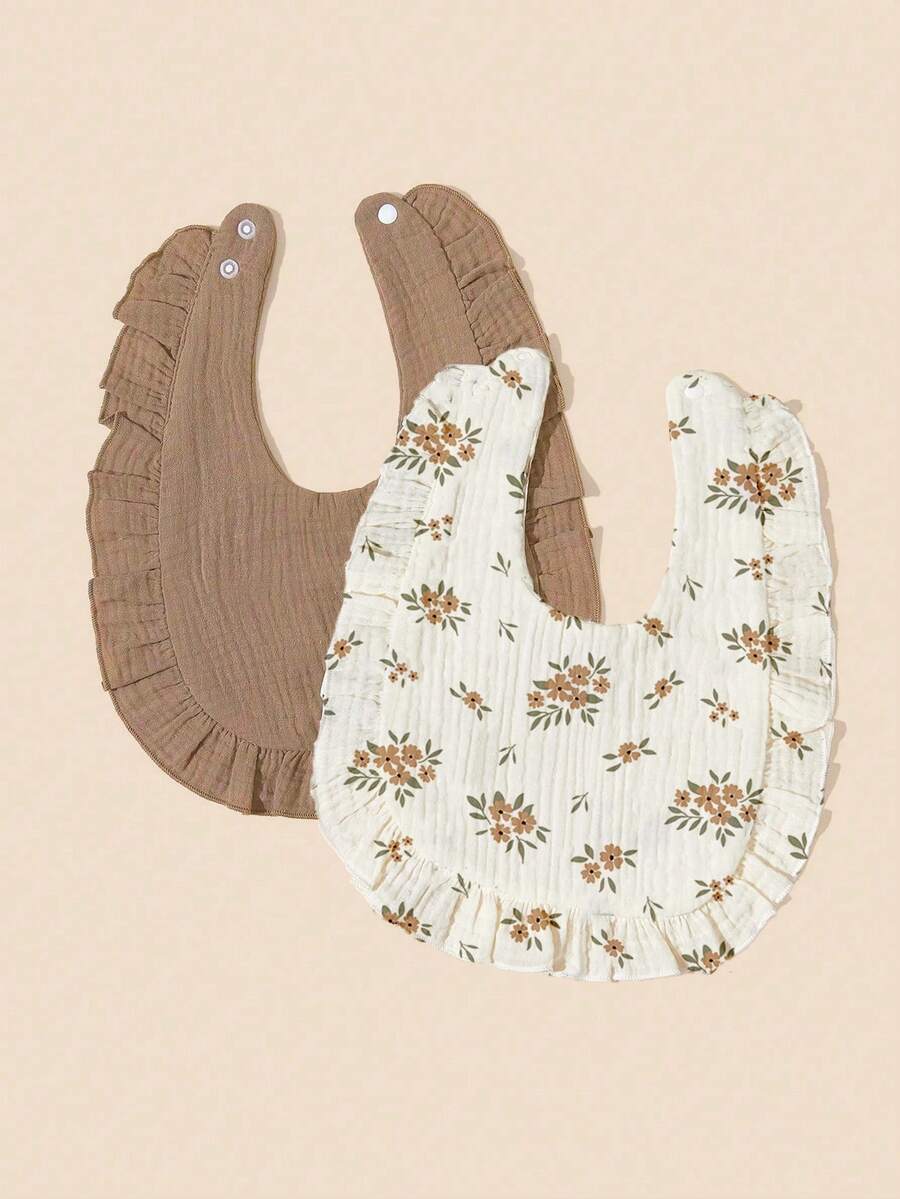 2pcs Soft & Comfortable Strawberry Fruit Print Cute Bear Head Bibs With Ruffle Trim For Babies - Multicolor - View 1