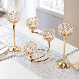 Metal Crystal Candle Holder Set Of 3 - Elegant 5-Arm Tea Light Centerpiece With Sparkling Crystal Bowl, Wedding Anniversary Party Table Decor For Dining, Home, Festive Events - Perfect Gift Idea