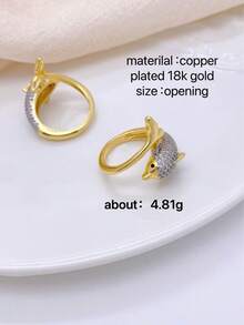 1pc 18K Gold Plated Copper Ocean Series Dolphin Design Fully Paved Ring, Luxury Casual Daily Wear Gift - Dolphin - View 2
