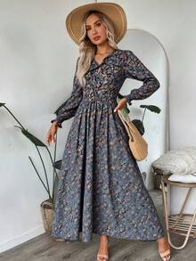 Vestido de verano retro de alta gama con escote en V, manga larga, drapeado, gasa, floral, corte en A, para vacaciones en la playa, vestido de cintura - Azul - Ver 2