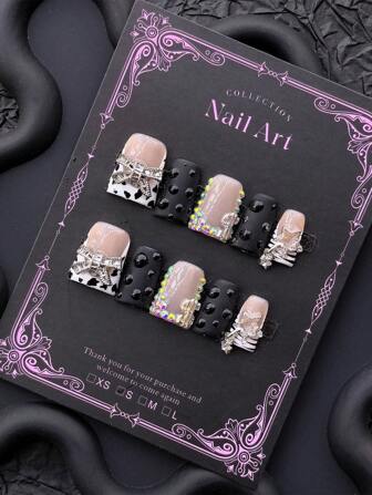 10 piezas de uñas postizas de estilo punk hechas a mano, incrustadas con adornos de dinero, que implican que el pico de pato usa armadura con riqueza, la apariencia es elegante y el color es cautivador, adecuado para todo tipo de fiestas de baile y salidas diarias