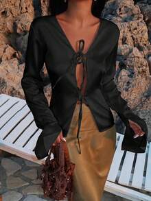 Apperloth A Elegant Women's Spring Solid Long Sleeve Satin Shirt With Open Bow Tie Front Flare Cuff Split Sexy Blouse Top Comfortable Skin-Friendly Daily Casual Rave Music Festival Going Out Party Outfits - Black - View 3