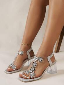 Women's Fashion Square Toe Transparent Chunky Heel Sandals, Floral Sweet Style Sandals - Silver - View 3