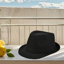 Sombreros fedora de unicolor para hombres y mujeres, gorra de jazz, sombrero de copa, sombrero casual para el sol para uso diario, fiesta y escenario - Negro - Ver 2