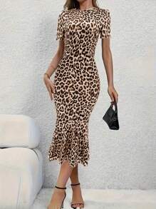 European & American Stylish Summer New Fashion Elegant Holiday Beach Home Party Date Leopard Print Round Neck Short Sleeve Fishtail Hem Dress