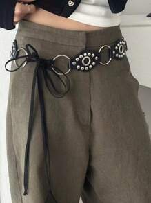 1 pieza Cinturón de mujer de material PU negro con hebilla redonda, remaches y lazo para la cintura, para verano, escuela, otoño, Halloween
