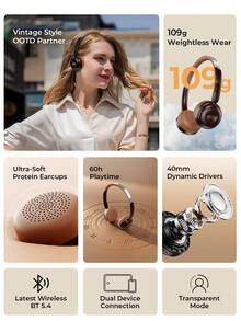 havit 60 小时播放时间超轻 BT5.4 无线耳机，带可旋转耳罩、双设备连接、复古设计包耳式，内置麦克风 Type-C 充电，可用于通话、旅行、运动、健身房 - H616BT - 棕色 - 查看 2