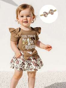0-18 Months Baby Girl Western Outfit Cowgirl Hat Letter Short Sleeve Ruffle Romper Layered Skorts Bow Headband 3 Piece Set - Khaki - View 4