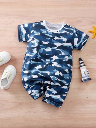 1件鲨鱼印花薄款休闲连体衣，夏季