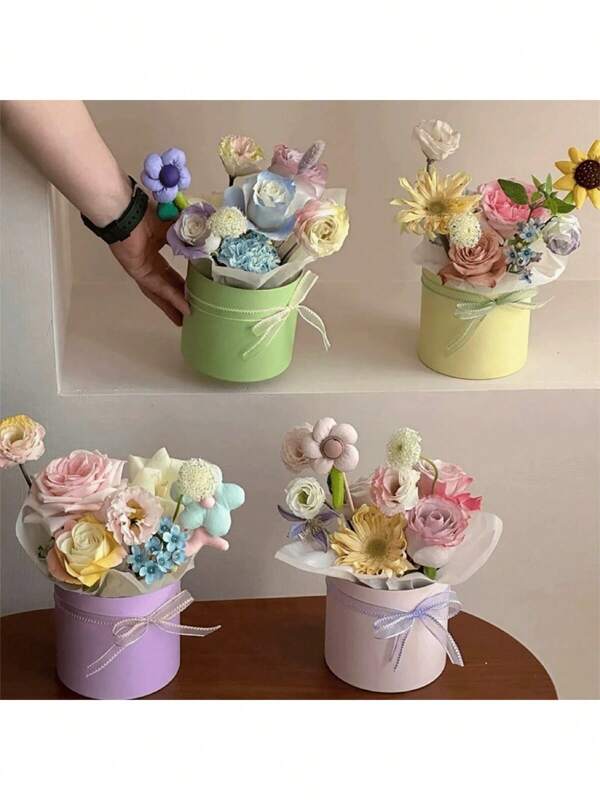1/3 Pieces12cm Pink Circular Flower Arrangement Box, Solid Color Floral Packaging Box Flower Arrangement Box, Valentine's Day Flower Packaging Small Bucket, Hand-Held Flower Bucket Mini Holding Bucket, Mother's Day Graduation