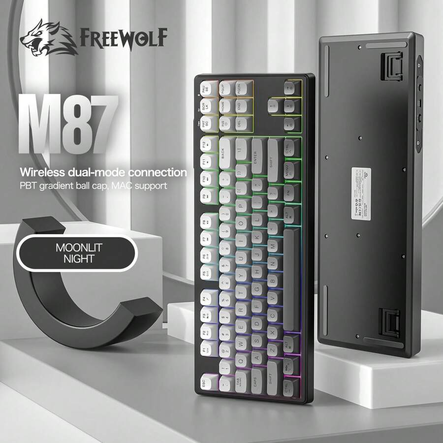 FREEWOLF Clavier de jeu sans fil FREEWOLF M87 avec sensation mécanique et silencieux, rétroéclairage RVB, mode double Bluetooth/2,4 GHz, touches PBT dégradées, conception ergonomique, clavier compact 75% pour /WIN/PC