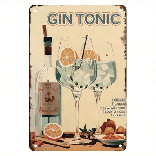 Insegna vintage in metallo per Gin Tonic, targa decorativa da parete classica, opera d'arte da parete per garage in stile antico, decorazione per ristorante e soggiorno, senza necessità di elettricità