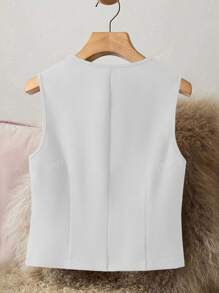 Chaqueta elegante sin mangas de cuello en V para mujer, chaqueta de chaleco con botones delanteros de moda para todas las estaciones
