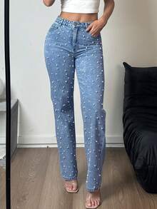 Women's Denim Straight Leg Pants Are Made Of Loose And Comfortable Denim Fabric, With Nail Bead Craftsmanship And Pockets, Suitable For Party Occasions(The Size Is Slightly Small; It Is Recommended To Order One Size Up.) - Rửa trung bình - Xem 5