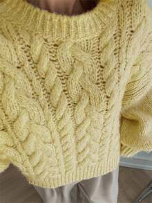 Women's Cable Knit Sweaters Long Sleeve Round Neck Solid Color Pullovers Knit Tops - Yellow - View 3