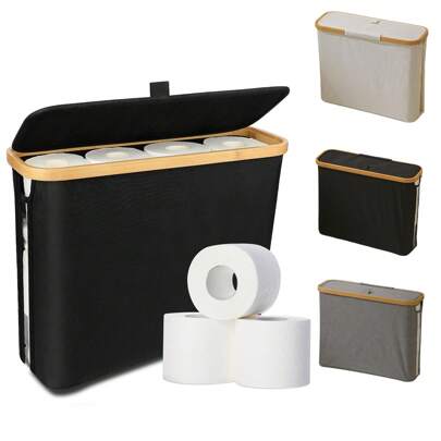 Organizador de banheiro moderno de bambu com tampa - Suporte para papel higiênico e cesto de armazenamento contemporâneos, design com vista para janela, lixeira de lenços coberta para organização doméstica, cestos, caixas e recipientes para organização doméstica