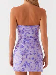 Sequin Beaded Floral Dress Sexy Women Strapless Tube Dress Y2K Off The Shoulder Mini Dress Sparkly Glitter Bodycon Short Dress Bandeau Dress Party Clubwear - 紫色 - 查看 2
