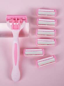 Lâminas de Segurança Rosadas Substituíveis com Lâminas de Aço Inoxidável de 6 Camadas, Aparelho de Depilação Manual Feminino de Corpo e Maiô Bikini