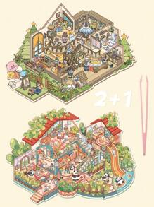 2pcs/1pc Large Size 3-Layer Decorative DIY Landscape Stickers, 3D Miniature House Micro-Scene Stickers For Children DIY Scrapbooking Toys, Landscape Stickers, Scene Stickers, Handbook Stickers, Reusable In Multiple Sizes