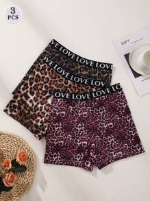 3 PCS Women's High Waist Boxer Shorts Sexy Leopard Print Panties Seamless Letter Belt Briefs Tummy Control &Butt Lifter Stretch Sporty Underwear