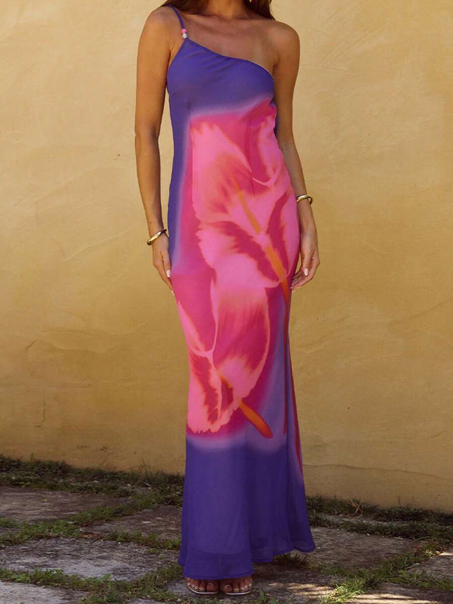 Women Flower One Shoulder Dress Slim Beaded Slash Neck Sleeveless Open Back Long Bodycon Dress For Party Club - 藍色 - 查看 1