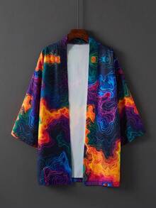 Japanese Style Unisex Tie-Dye 3D Graphic Print Kimono Robe, High-End, Loose Fit, Beach Cover-Up Swimsuit For Summer, Plus Size - Black - View 2
