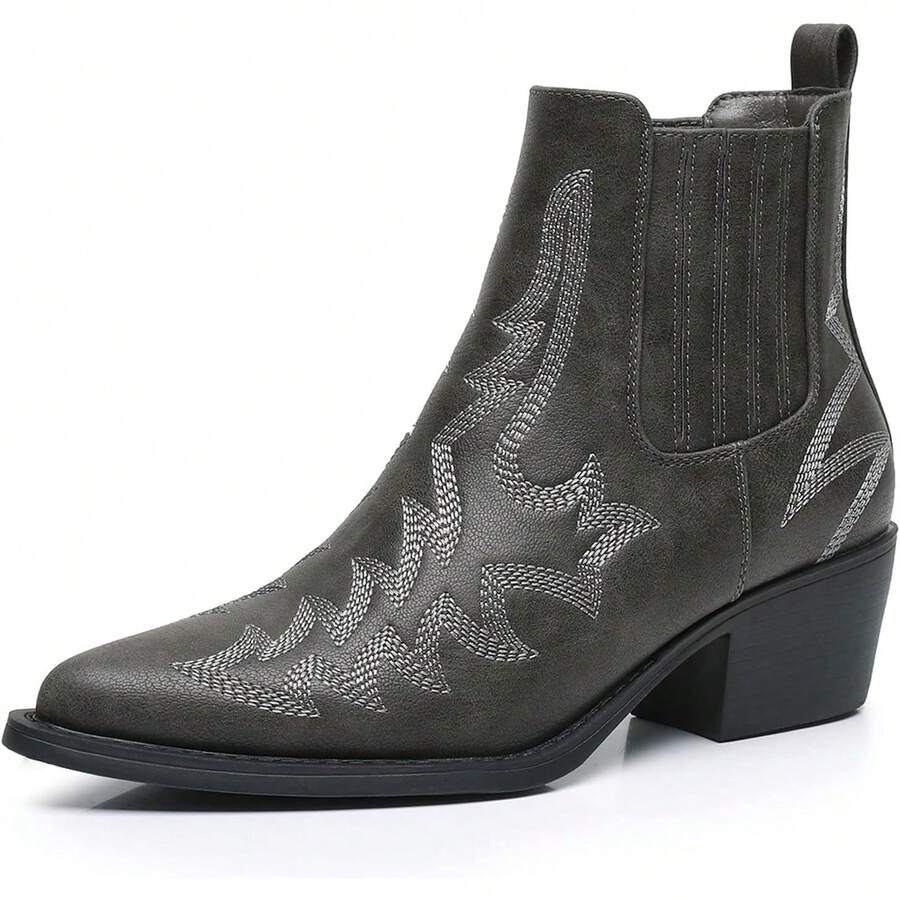 GLOBALWIN Cowboy Boots For Women Pointed Toe Pull On Chelsea Ankle Booties The Western Cowgirl Boots Fall Boots Halloween Season - 灰色 - 查看 1