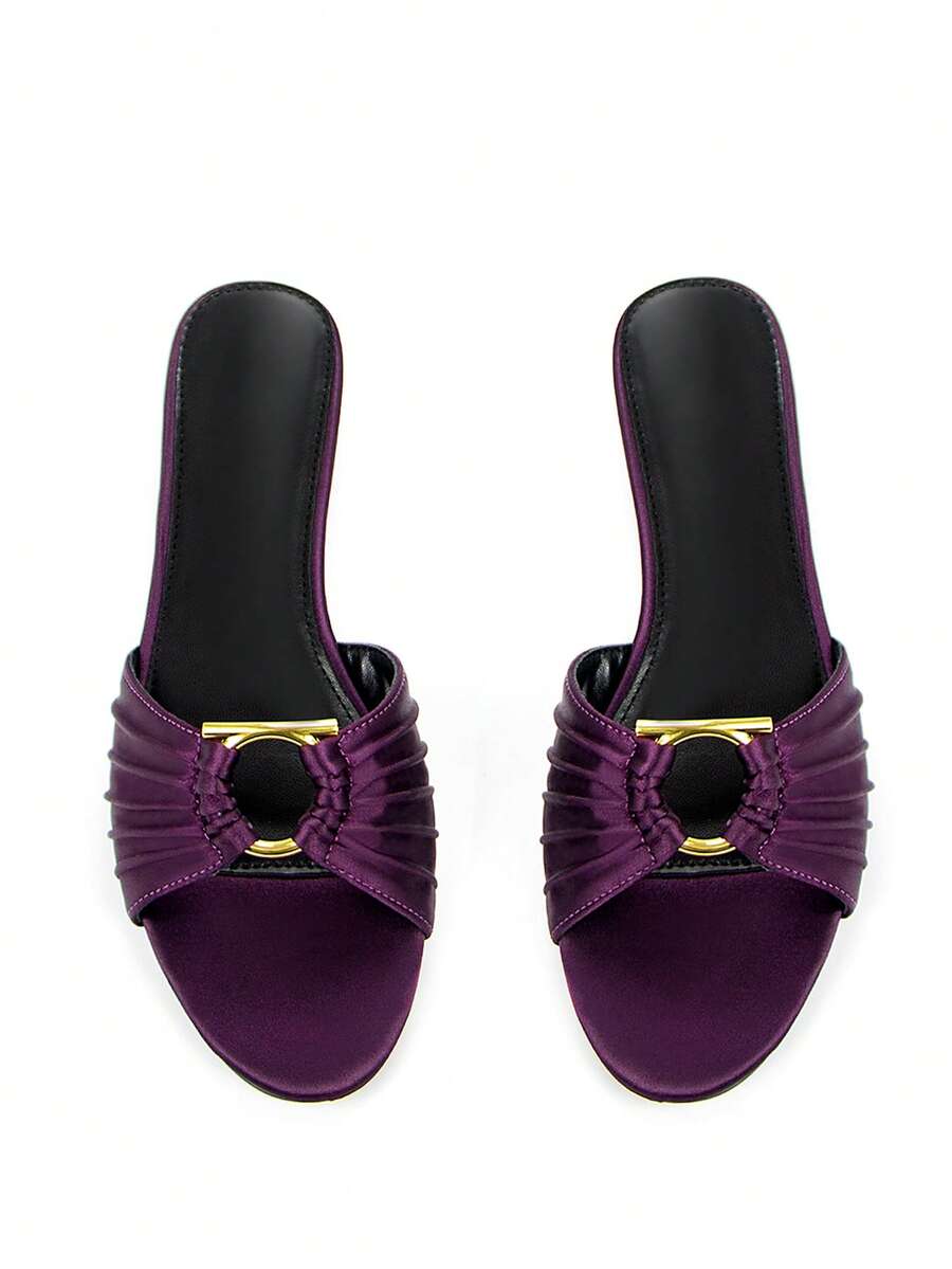 Giày bệt nữ thời trang màu tím xếp ly bằng chiffon, khóa kim loại vàng, mũi tròn, thoải mái, thích hợp cho các buổi tiệc tùng, phong cách thường ngày, mùa xuân hè. - Màu tím - Xem 1