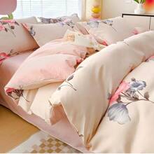 Conjunto de cama de flanela floral com 4 peças, incluindo 1 capa de edredom, 1 lençol plano, 2 fronhas, roupa de cama reversível com estampa floral para casa, dormitório, camping, adequada para todas as estações e como presente para o Dia das Mães