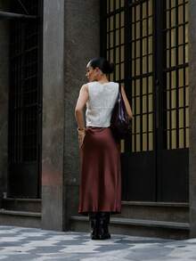 Satin Midi Skirt With Elastic - 摩卡棕 - 查看 3