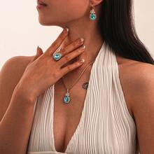 Ladies' Light Luxury Light Blue Rhinestone Heart-Shaped Zirconia Necklace, Earrings And Ring Set - Daily And Party Wear Jewelry Collection, Christmas