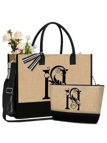 Black Khaki Patchwork Tote Bag Set, Black Vines Wrapped Around The Initial Letters A-Z, With The Same Series Of Color Block Makeup Storage Bag, Toiletry Bag, Wallet, Personalized Gift Bag, Fashionable Personalized Tote Bag - Khaki - View 27