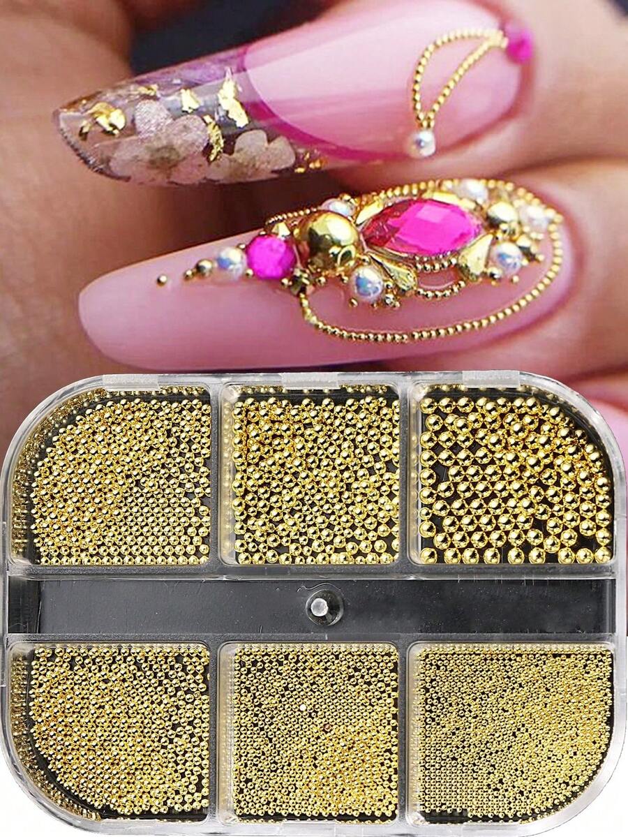 6pcs Mixed Size Gold Stainless Steel Metal Beads, 3D Mini Caviar Ball Silver Pendant, Faux Pearl Nail Art Decorations Nails Nail Supplies - Multicolor - View 1