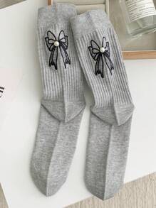 1 Pair Women's Korean Style Socks With Embroidered Bow & Pearl Decor, Fashion Sweet & Cute