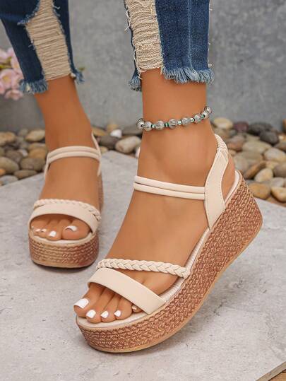 1 par de sandalias de plataforma beige para adolescentes, sandalias de cuña casual de verano, sandalias de cuña ligeras y impermeables de moda, adecuadas para vacaciones y uso diario